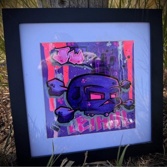 Original Art - Lethal Lavender - Graffiti Style Skull Art on Canvas Board Framed - Picture 2 of 4